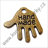 Přívěšek kov, ruka s nápisem hand made cca. 12x13mm starozlato (balení 30 ks)