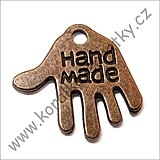 Přívěšek kov, ruka s nápisem hand made cca. 12x13mm barva staroměď (balení 36 ks)