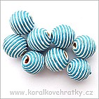 Korálky omotávané šňůrkou, pruh tyrkysová-bílá, cca. 18mm / balení 5 ks