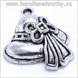 Přívěšek, klobouk s mašlí, kov, 15x19mm, barva platina (balení 20 ks)