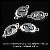 Korálek, mezikus "S" v oválu, kov, 14x6mm, barva stříbra (balení 20ks)