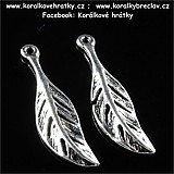 Přívěsek list, kov, 28x7 mm, barva starostříbro (balení 10 ks)