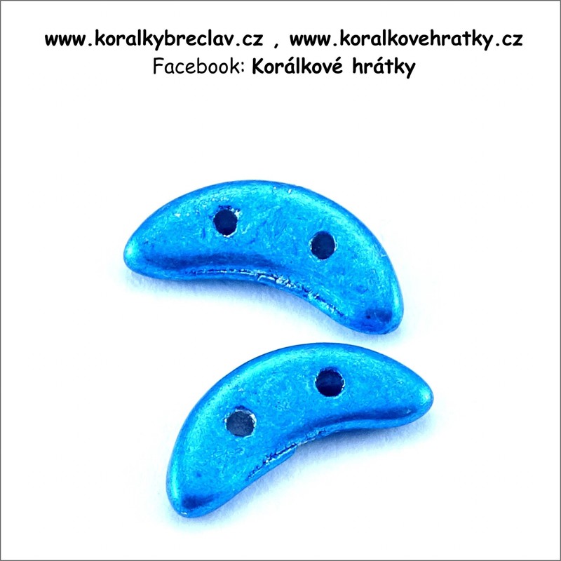 Korálek sklo, dvojdírkový,  Crescent 3x10 mm metalická modrá, 3 g / min. objednávka  9 g