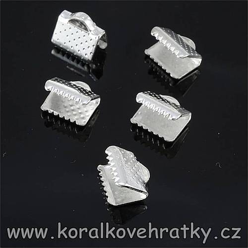 Koncovka na kůži, stužky, 12x5mm, barva stříbrná (balení 52ks)