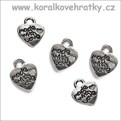 Přívěšek kov, srdce s nápisem "made with love, 12x10mm barva platina (balení 30 ks)