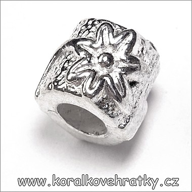 Velkodírový korálek, kytička se stonkem, kov, cca. 8x10mm / balení 5 ks 