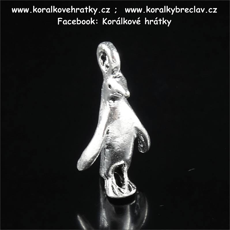 Přívěsek, kov, tučňák, 20x10 mm, barva platina (balení 12ks) 