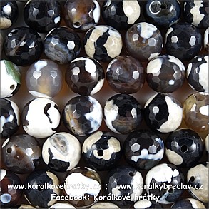 Minerální korálky, 10 mm, Achát "pukaný" faset. (č-b-h) / balení 20 ks 