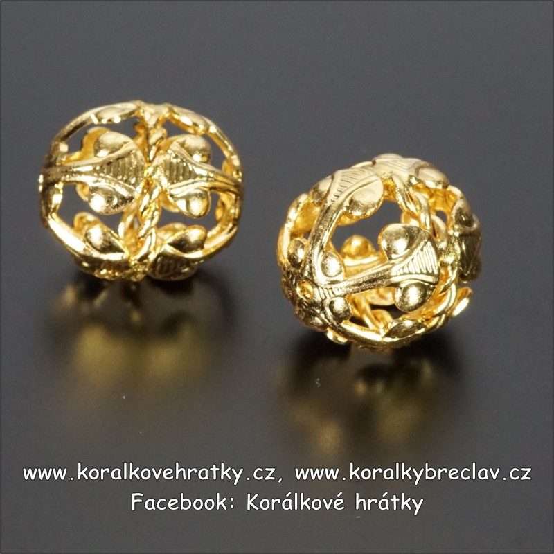 Korálek filigránový, kov, 17x16 mm, barva zlatá (balení 100 ks)