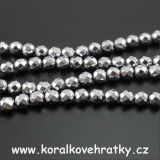 HEMATIT, fasetovaný, stříbrný pokov 6-7 mm, minerální korálky / balení 30 ks