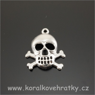 Přívěsek lebka s kostmi, kov, 26x21 mm, barva platina (balení 22 ks)