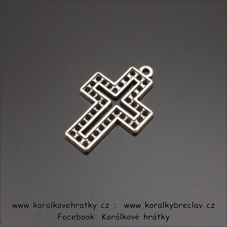 Přívěsek kříž s lůžky na šatony, kov, 22x32mm/balení 5 ks