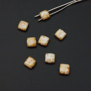 Korálek sklo, dvoudírkový, TILA 6x6mm, Picasso krémově hnědá / balení 40 ks 