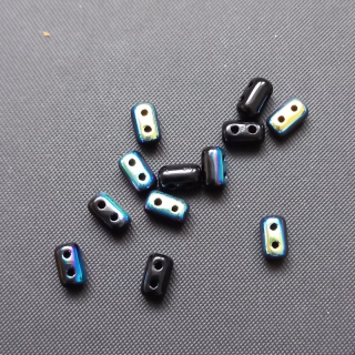Korálek sklo, dvojdírkový, RULLA 3X5 mm, černý s AB, 5 g / min. objednávka 10 g