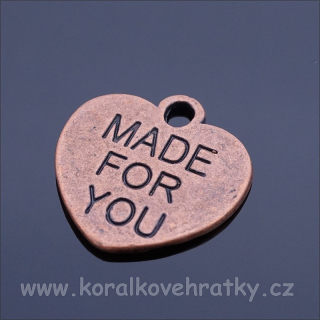 Přívěšek srdce MADE FOR YOU 15mm, barva staroměď (balení 20 ks)