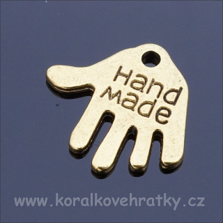Přívěšek kov, ruka s nápisem hand made cca. 11x13mm antické zlato (balení 20 ks)