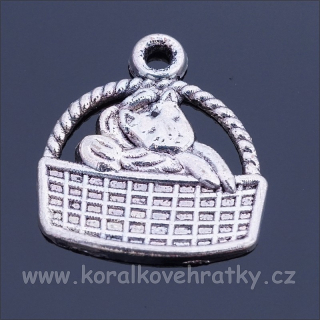 Přívěšek košík s kočkou 16x18 mm, barva platina, balení 20 ks