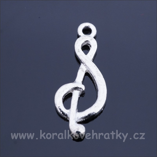 Přívěšek, kov, houslový klíč, 27x11mm, barva stříbra (balení 20 ks)