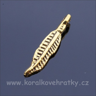Přívěšek pírko úzké 18x4 mm, barva starozlato ( balení 30 ks )