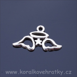 Přívěšek, křídla se svatozáří, kov, 18x23 mm, barva platina (balení 60 ks)