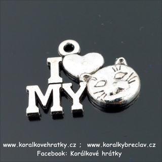 Přívěšek s nápisem miluji svoji kočku, kov, 18x13mm, barva platina / balení 10 ks 
