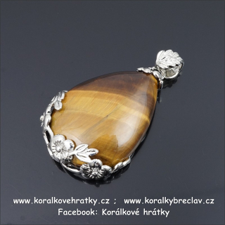Přívěsek kapka, Tygří oko v ozdobném lůžku s květy, cca. 36x26x10 mm