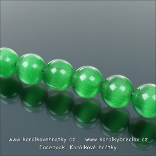 Korálky mačkané kočičí oči, 8mm, sklo, barva č.15 - tm. zelená (balení 20 ks)