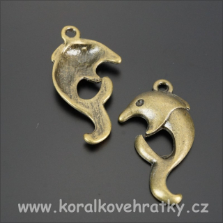 Přívěsek delfín, kov, 25x14mm, barva staromosaz (balení 16ks)